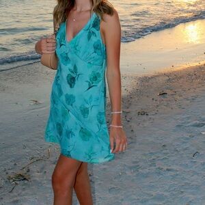 Lulu's Teal Floral V-Neck Dress